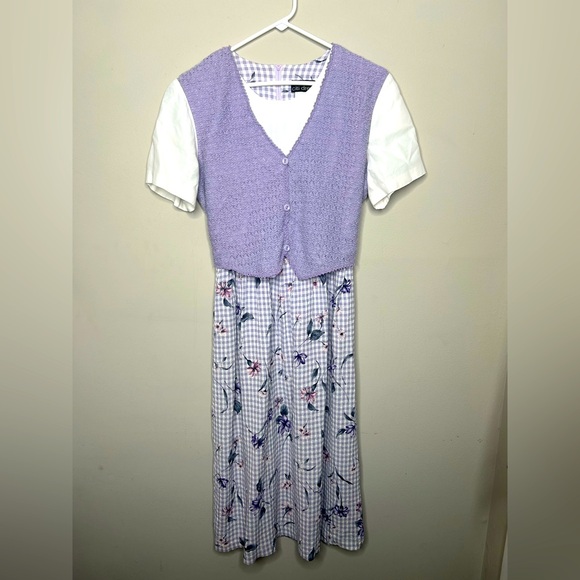 Vintage 80’s 90’s Knit Lavender Purple Floral Gingham Citi Dress Maxi Midi sz 12 - Picture 1 of 15